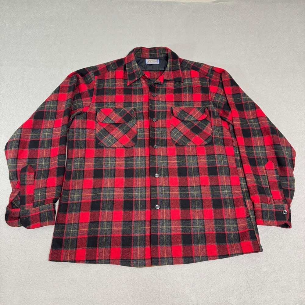 VTG Pendleton Board Shirt Mens M Red Black Plaid Wool Flannel Loop Collar 60s